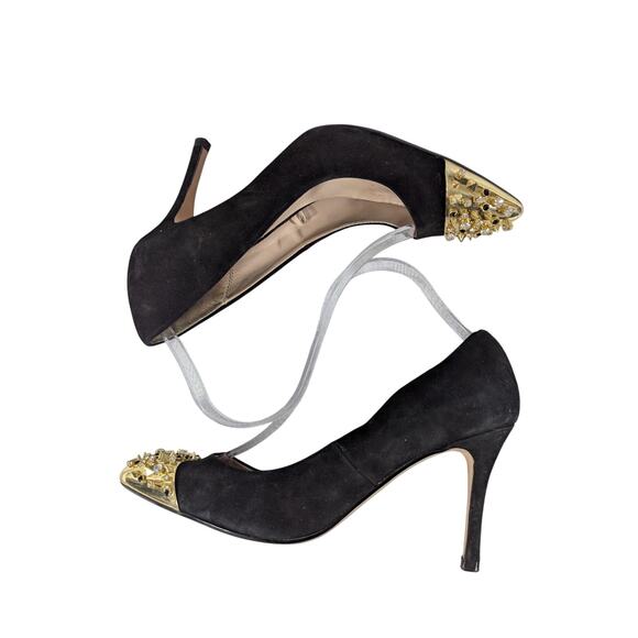 ZARA WOMAN! BLACK GENUINE SUEDE LEATHER GOLD/RHINESTONE TOE HEELS! SZ 9.5M - Picture 6 of 10